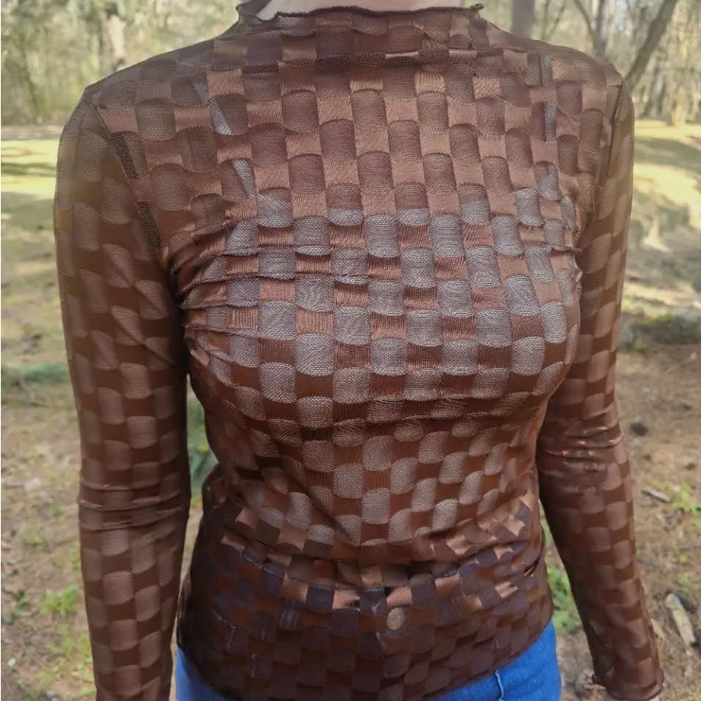 Brown Checkered Mesh Layering Top